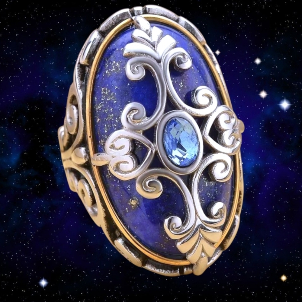Handmade Black Oxidized Stainless & 14K Yellow Gold Lapis Lazuli Ring  Size 6